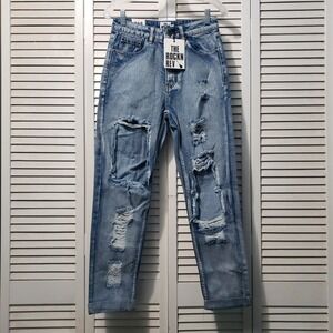 The Rockn Rev What Goes On Mom Jean Women's Size 4 Blue Distressed Straight Leg
